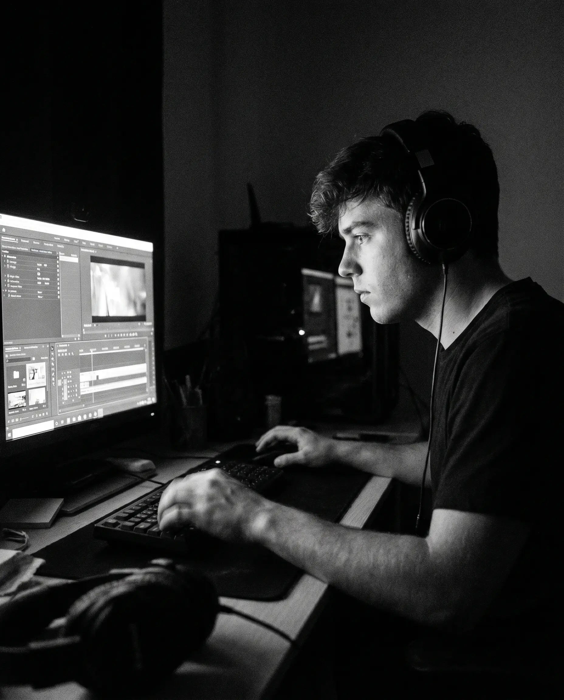 A creator editing clips at night
